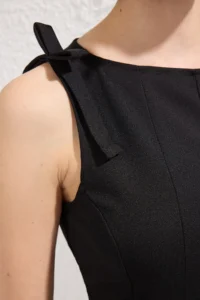 TRENDYOLMİLLA Black Zero Sleeve peplum Fitted at the Waist Shoulder Bow Detailed Knitting Blouse - Image 3