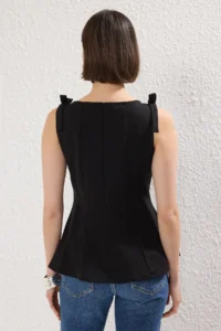 TRENDYOLMİLLA Black Zero Sleeve peplum Fitted at the Waist Shoulder Bow Detailed Knitting Blouse - Image 4