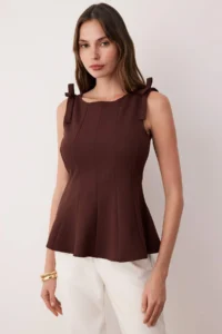 TRENDYOLMİLLA Brown Zero Sleeve peplum Fitted at the Waist Shoulder Bow Detailed Knitting Blouse