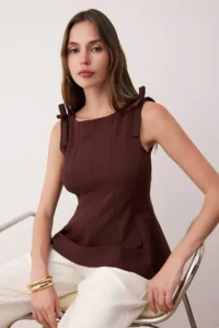 TRENDYOLMİLLA Brown Zero Sleeve peplum Fitted at the Waist Shoulder Bow Detailed Knitting Blouse - Image 2