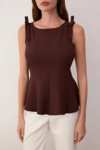 TRENDYOLMİLLA Brown Zero Sleeve peplum Fitted at the Waist Shoulder Bow Detailed Knitting Blouse - Image 3