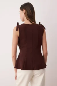 TRENDYOLMİLLA Brown Zero Sleeve peplum Fitted at the Waist Shoulder Bow Detailed Knitting Blouse - Image 4