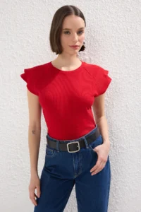 TRENDYOLMİLLA Rejection Sleeves Frilly Fitted Ribbed Knitting Blouse - Image 2