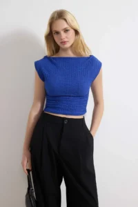 TRENDYOLMİLLA Saks Blue textured Boat Neck Shirred Sleeveless Flexible Knitting Blouse