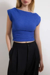 TRENDYOLMİLLA Saks Blue textured Boat Neck Shirred Sleeveless Flexible Knitting Blouse - Image 3