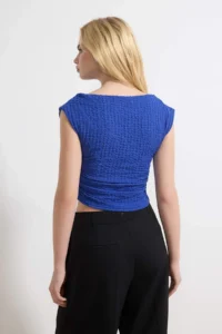 TRENDYOLMİLLA Saks Blue textured Boat Neck Shirred Sleeveless Flexible Knitting Blouse - Image 4