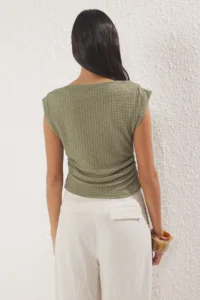 TRENDYOLMİLLA Khaki textured Boat Neck Shirred Sleeveless Flexible Knitting Blouse - Image 4