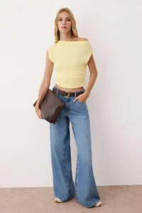 TRENDYOLMİLLA Yellow textured Boat Neck Shirred Sleeveless Flexible Knitting Blouse - Image 2