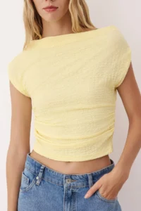 TRENDYOLMİLLA Yellow textured Boat Neck Shirred Sleeveless Flexible Knitting Blouse - Image 3
