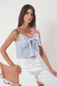 TRENDYOLMİLLA Mavi Bow Detailed textured Striped Sleeveless Weaving Weaving Blouse - Image 2