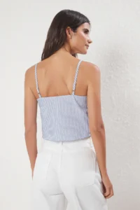 TRENDYOLMİLLA Mavi Bow Detailed textured Striped Sleeveless Weaving Weaving Blouse - Image 4
