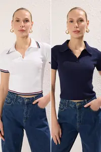 TRENDYOLMİLLA Navy Blue-Ecru Basic Polo Shirt Collar 2 Sets Paket Knitwear Thin Blouse