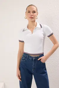 TRENDYOLMİLLA Navy Blue-Ecru Basic Polo Shirt Collar 2 Sets Paket Knitwear Thin Blouse - Image 4