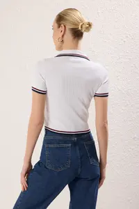 TRENDYOLMİLLA Navy Blue-Ecru Basic Polo Shirt Collar 2 Sets Paket Knitwear Thin Blouse - Image 6