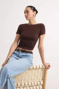 TRENDYOLMİLLA Brown Shirring/Drape Detailed Fitted Knitting Blouse - Image 2