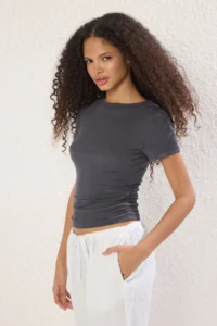 TRENDYOLMİLLA Anthracite Gathering/Drape Detailed Fitted Knitting Blouse