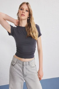 TRENDYOLMİLLA Anthracite Gathering/Drape Detailed Fitted Knitting Blouse - Image 6