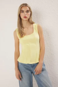 TRENDYOLMİLLA Yellow Thick Sleeveless Cowl Neck Waisted peplum Knitting Blouse