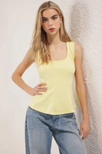 TRENDYOLMİLLA Yellow Thick Sleeveless Cowl Neck Waisted peplum Knitting Blouse - Image 2