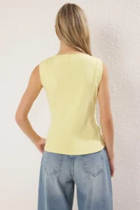 TRENDYOLMİLLA Yellow Thick Sleeveless Cowl Neck Waisted peplum Knitting Blouse - Image 4
