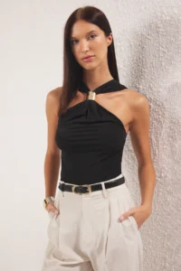TRENDYOLMİLLA Black Accessory Detailed Shirred Flexible  Knitting Blouse