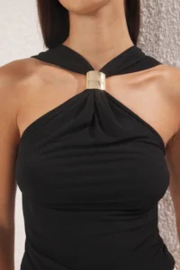 TRENDYOLMİLLA Black Accessory Detailed Shirred Flexible  Knitting Blouse - Image 3
