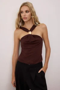 TRENDYOLMİLLA Brown Accessory Detailed Shirred Flexible Knitting Blouse