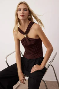 TRENDYOLMİLLA Brown Accessory Detailed Shirred Flexible Knitting Blouse - Image 2