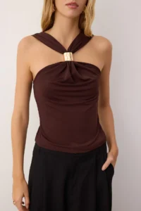 TRENDYOLMİLLA Brown Accessory Detailed Shirred Flexible Knitting Blouse - Image 3