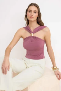 TRENDYOLMİLLA Koyu Dusty Rose Accessory Detailed Shirred Flexible Knitting Blouse - Image 2