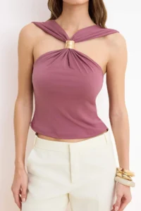 TRENDYOLMİLLA Koyu Dusty Rose Accessory Detailed Shirred Flexible Knitting Blouse - Image 3