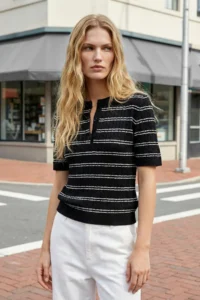 TRENDYOLMİLLA Black Short Sleeve Striped  Knitwear Blouse