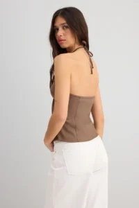 TRENDYOLMİLLA Light Brown Cotton Thin Gabardine Barbell Collar Weaving Blouse - Image 2