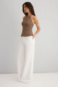 TRENDYOLMİLLA Light Brown Cotton Thin Gabardine Barbell Collar Weaving Blouse - Image 3