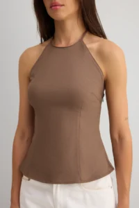 TRENDYOLMİLLA Light Brown Cotton Thin Gabardine Barbell Collar Weaving Blouse - Image 4
