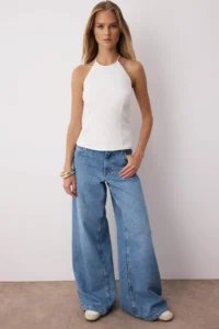 TRENDYOLMİLLA Ecru Cotton Thin Gabardine Barbell Collar Weaving Blouse - Image 2