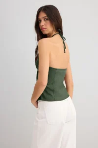 TRENDYOLMİLLA Khaki Cotton Thin Gabardine Barbell Collar Weaving Blouse - Image 2