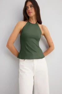 TRENDYOLMİLLA Khaki Cotton Thin Gabardine Barbell Collar Weaving Blouse - Image 3