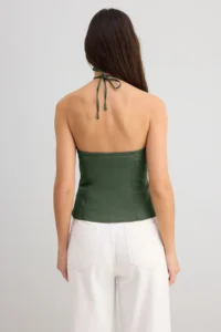 TRENDYOLMİLLA Khaki Cotton Thin Gabardine Barbell Collar Weaving Blouse - Image 6