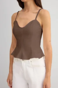 TRENDYOLMİLLA Light Brown Cotton Gabardine Sleeveless peplum Weaving Blouse - Image 4