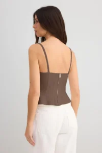 TRENDYOLMİLLA Light Brown Cotton Gabardine Sleeveless peplum Weaving Blouse - Image 6