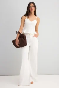 TRENDYOLMİLLA Ecru Cotton Gabardine Sleeveless peplum Weaving Blouse - Image 3