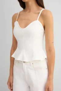 TRENDYOLMİLLA Ecru Cotton Gabardine Sleeveless peplum Weaving Blouse - Image 4