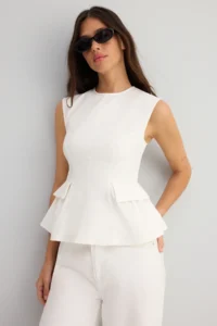 TRENDYOLMİLLA Ecru Cotton Gabardine peplum Pocket Detail Weaving Blouse - Image 3