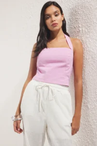 TRENDYOLMİLLA Light Pink linen look Fitted  Weaving Blouse