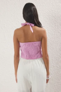 TRENDYOLMİLLA Light Pink linen look Fitted  Weaving Blouse - Image 4