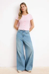 TRENDYOLMİLLA Pink buttoned Fitted Crew Neck Short Sleeve Ribbed Flexible Knitting Blouse - Image 2