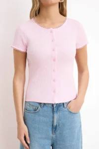TRENDYOLMİLLA Pink buttoned Fitted Crew Neck Short Sleeve Ribbed Flexible Knitting Blouse - Image 3