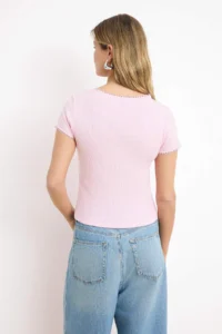 TRENDYOLMİLLA Pink buttoned Fitted Crew Neck Short Sleeve Ribbed Flexible Knitting Blouse - Image 4