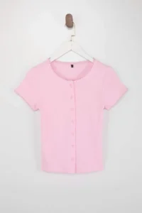 TRENDYOLMİLLA Pink buttoned Fitted Crew Neck Short Sleeve Ribbed Flexible Knitting Blouse - Image 5
